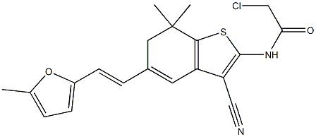 2-Chloro-N-{3-cyano-7,7-dimethyl-5-[2-(5-methyl-furan-2-yl)-vinyl]-6,7-dihydro-benzo[b]thiophen-2-yl}-acetamide Struktur