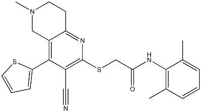 2-{[3-cyano-6-methyl-4-(2-thienyl)-5,6,7,8-tetrahydro[1,6]naphthyridin-2-yl]sulfanyl}-N-(2,6-dimethylphenyl)acetamide Struktur