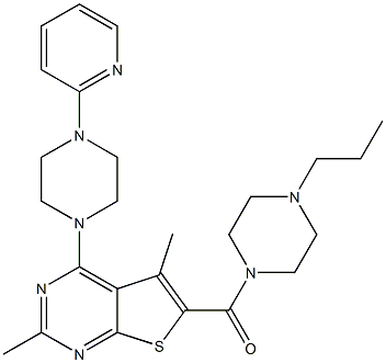 [3,7-dimethyl-5-(4-pyridin-2-ylpiperazin-1-yl)-9-thia-2,4-diazabicyclo[4.3.0]nona-1,3,5,7-tetraen-8-yl]-(4-propylpiperazin-1-yl)methanone Struktur