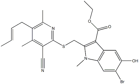 ethyl 6-bromo-2-({[5-(2-butenyl)-3-cyano-4,6-dimethyl-2-pyridinyl]sulfanyl}methyl)-5-hydroxy-1-methyl-1H-indole-3-carboxylate Struktur