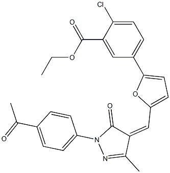 ethyl 5-(5-{[1-(4-acetylphenyl)-3-methyl-5-oxo-1,5-dihydro-4H-pyrazol-4-ylidene]methyl}-2-furyl)-2-chlorobenzoate Struktur