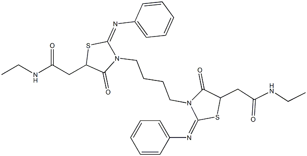 N-ethyl-2-[3-{4-[5-[2-(ethylamino)-2-oxoethyl]-4-oxo-2-(phenylimino)-1,3-thiazolidin-3-yl]butyl}-4-oxo-2-(phenylimino)-1,3-thiazolidin-5-yl]acetamide Struktur