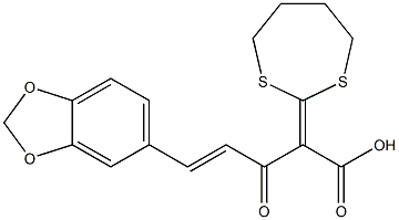 5-(1,3-benzodioxol-5-yl)-2-(1,3-dithiepan-2-ylidene)-3-oxo-4-pentenoic acid Struktur