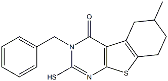 3-benzyl-6-methyl-2-sulfanyl-5,6,7,8-tetrahydro[1]benzothieno[2,3-d]pyrimidin-4(3H)-one Struktur