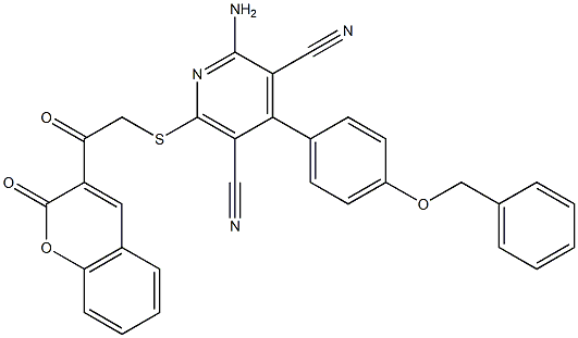 2-amino-4-[4-(benzyloxy)phenyl]-6-{[2-oxo-2-(2-oxo-2H-chromen-3-yl)ethyl]sulfanyl}-3,5-pyridinedicarbonitrile Struktur