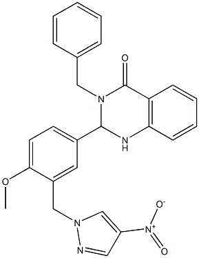 2-[3-({4-nitro-1H-pyrazol-1-yl}methyl)-4-(methyloxy)phenyl]-3-(phenylmethyl)-2,3-dihydroquinazolin-4(1H)-one Struktur