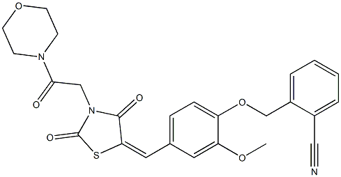 2-{[2-methoxy-4-({3-[2-(4-morpholinyl)-2-oxoethyl]-2,4-dioxo-1,3-thiazolidin-5-ylidene}methyl)phenoxy]methyl}benzonitrile Struktur