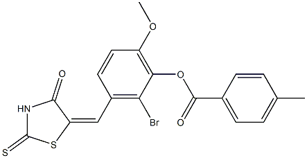 2-bromo-6-methoxy-3-[(4-oxo-2-thioxo-1,3-thiazolidin-5-ylidene)methyl]phenyl 4-methylbenzoate Struktur