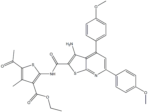 ethyl 5-acetyl-2-({[3-amino-4,6-bis(4-methoxyphenyl)thieno[2,3-b]pyridin-2-yl]carbonyl}amino)-4-methyl-3-thiophenecarboxylate Struktur