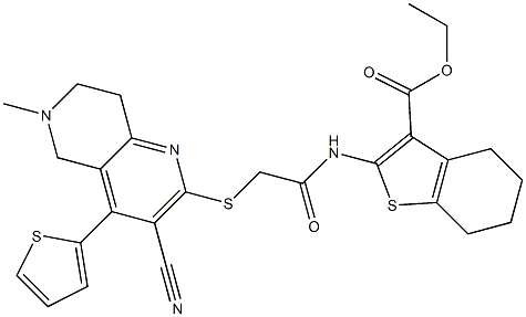 ethyl 2-[(2-{[3-cyano-6-methyl-4-(2-thienyl)-5,6,7,8-tetrahydro[1,6]naphthyridin-2-yl]sulfanyl}acetyl)amino]-4,5,6,7-tetrahydro-1-benzothiophene-3-carboxylate Struktur