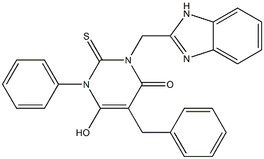 3-(1H-Benzimidazol-2-ylmethyl)-1,2-dihydro-6-hydroxy-2-thioxo-1-phenyl-5-benzylpyrimidin-4(3H)-one Struktur