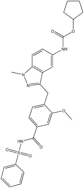 4-[5-(Cyclopentyloxycarbonylamino)-1-methyl-1H-indazol-3-ylmethyl]-3-methoxy-N-(phenylsulfonyl)benzamide Struktur