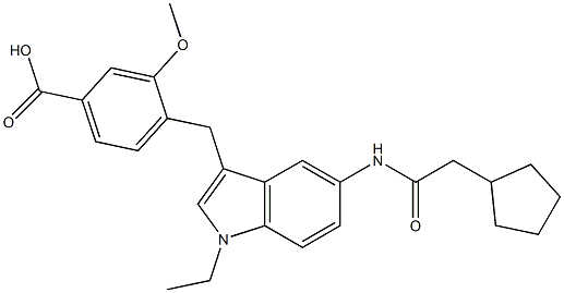 4-[5-Cyclopentylacetylamino-1-ethyl-1H-indol-3-ylmethyl]-3-methoxybenzoic acid Struktur