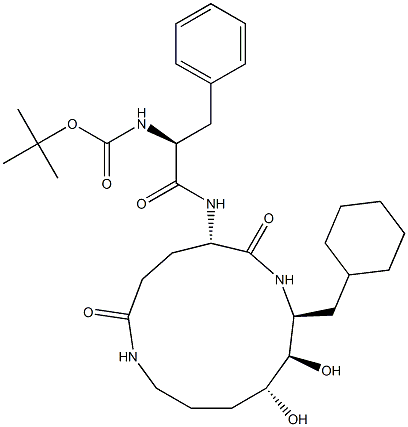 (5S,8S,9R,10R)-5-[(S)-2-(tert-Butyloxycarbonylamino)-3-phenylpropanoylamino]-8-cyclohexylmethyl-9,10-dihydroxy-1,7-diazacyclotridecane-2,6-dione Struktur