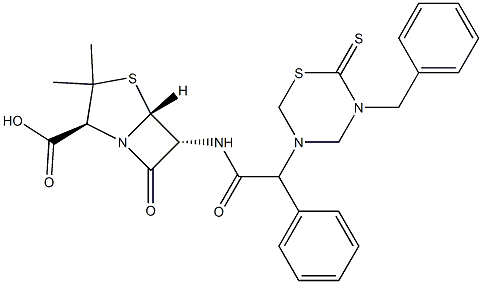 6-[2-Phenyl-2-[(3-benzyl-2-thioxo-3,4,5,6-tetrahydro-2H-1,3,5-thiadiazin)-5-yl]acetylamino]penicillanic acid Struktur