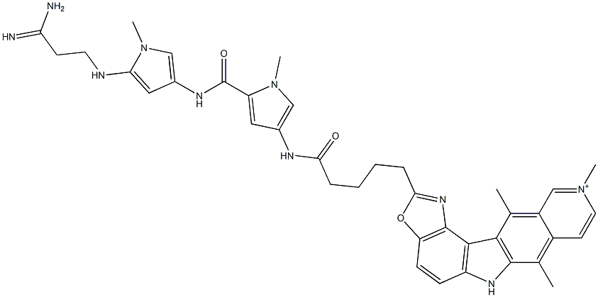 7,10,12-Trimethyl-2-[4-[[5-[[1-methyl-5-[(3-amino-3-iminopropyl)amino]-1H-pyrrol-3-yl]aminocarbonyl]-1-methyl-1H-pyrrol-3-yl]aminocarbonyl]butyl]-6H-oxazolo[4,5-g]pyrido[4,3-b]carbazol-10-ium Struktur