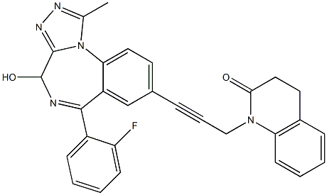 4-Hydroxy-1-methyl-6-(2-fluorophenyl)-8-[3-[(1,2,3,4-tetrahydro-2-oxoquinolin)-1-yl]-1-propynyl]-4H-[1,2,4]triazolo[4,3-a][1,4]benzodiazepine Struktur