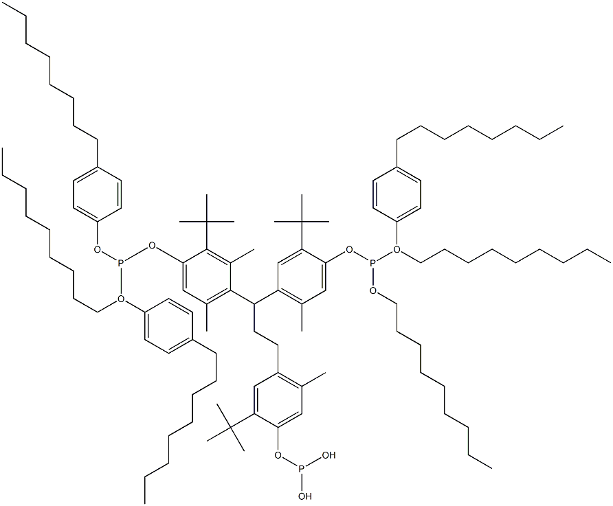 [3-Methyl-1,1,3-propanetriyltris(2-tert-butyl-5-methyl-4,1-phenyleneoxy)]tris(phosphonous acid)O,O',O''-trinonyl O,O',O''-tris(4-octylphenyl) ester Struktur