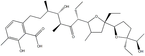 6-[(3R,4S,5S,7R)-7-[(2S,2'R,5'S)-2,5'-Diethyloctahydro-5'-[(R)-1-hydroxyethyl]-4-methyl[2,2'-bifuran]-5-yl]-4-hydroxy-3,5-dimethyl-6-oxononyl]-2-hydroxy-3-methylbenzoic acid Struktur