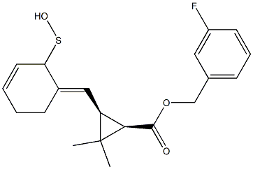 (1R,3S)-2,2-Dimethyl-3-[[(3E)-2,3,4,5-tetrahydro-2-oxothiophen]-3-ylidenemethyl]cyclopropane-1-carboxylic acid-3-fluorobenzyl ester Struktur