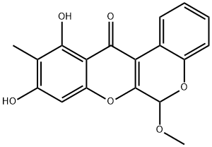 9,11-Dihydroxy-6-methoxy-10-methyl[1]benzopyrano[3,4-b][1]benzopyran-12(6H)-one Struktur