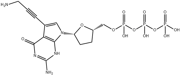 Triphosphoric acid, P-[[(2S,5R)-5-[2-amino-5-(3-amino-1-propyn-1-yl)-1,4-dihydro-4-oxo-7H-pyrrolo[2,3-d]pyrimidin-7-yl]tetrahydro-2-furanyl]methyl] ester Struktur