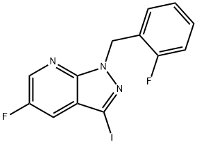 5-fluoro-1-(2-fluorobenzyl)-3-iodo-1H-pyrazolo[3,4-b]pyridine Struktur