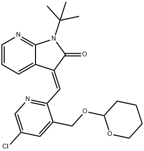 2H-Pyrrolo[2,3-b]pyridin-2-one, 3-[[5-chloro-3-[[(tetrahydro-2H-pyran-2-yl)oxy]methyl]-2-pyridinyl]methylene]-1-(1,1-dimethylethyl)-1,3-dihydro-, (3E)- Struktur