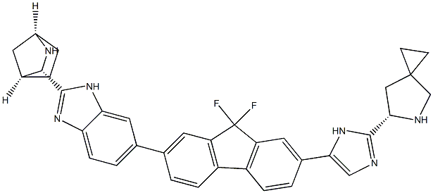 (6S)-6-[5-[7-[2-(1R,3S,4S)-2-azabicyclo[2.2.1]hept-3-yl-1H-benzimidazol-6-yl]-9,9-difluoro-9H-fluoren-2-yl]-1H-imidazol-2-yl]-5-Azaspiro[2.4]heptane Struktur