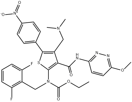 Carbamic acid, N-[(2,6-difluorophenyl)methyl]-N-[4-[(dimethylamino)methyl]-3-[[(6-methoxy-3-pyridazinyl)amino]carbonyl]-5-(4-nitrophenyl)-2-thienyl]-, ethyl ester Struktur