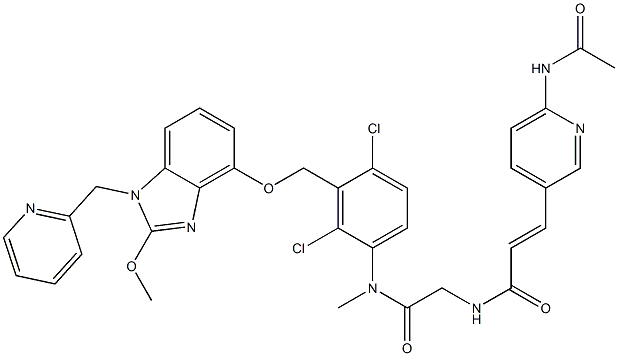 2-Propenamide, 3-[6-(acetylamino)-3-pyridinyl]-N-[2-[[2,4-dichloro-3-[[[2-methoxy-1-(2-pyridinylmethyl)-1H-benzimidazol-4-yl]oxy]methyl]phenyl]methylamino]-2-oxoethyl]-, (2E)- Struktur