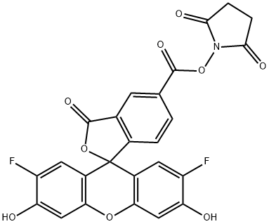 2',7'-Difluoro-3',6'-dihydroxy-3-oxospiro[isobenzofuran-1(3H),9'-[9H]xanthene]-5-carboxylic acid 2,5-dioxo-1-pyrrolidinyl ester Struktur