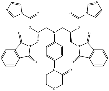 1H-Imidazole-1-carboxylic acid, (1R)-2-(1,3-dihydro-1,3-dioxo-2H-isoindol-2-yl)-1-[[[(2R)-3-(1,3-dihydro-1,3-dioxo-2H-isoindol-2-yl)-2-[(1H-imidazol-1-ylcarbonyl)oxy]propyl][4-(3-oxo-4-morpholinyl)phenyl]amino]methyl]ethyl ester Struktur