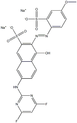 disodium 7-(4,6-difluoropyrimidin-2-ylamino)-4-hydroxy-3-(4-methoxy-2-sulfonatophenylazo)naphthalene-2-sulfonate Struktur