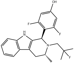 3,5-difluoro-4-((1R,3R)-2-(2-fluoro-2-methylpropyl)-3-methyl-2,3,4,9-tetrahydro-1H-pyrido[3,4-b]indol-1-yl)phenol Struktur