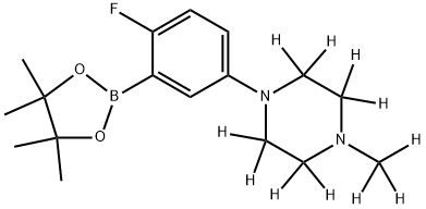 1-(4-fluoro-3-(4,4,5,5-tetramethyl-1,3,2-dioxaborolan-2-yl)phenyl)-4-(methyl-d3)piperazine-2,2,3,3,5,5,6,6-d8 Struktur