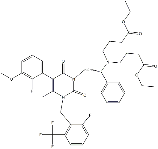 diethyl 4,4'-((2-(5-(2-fluoro-3-methoxyphenyl)-3-(2-fluoro-6-(trifluoromethyl)benzyl)-4-methyl-2,6-dioxo-3,6-dihydropyrimidin-1(2H)-yl)-1-phenylethyl)azanediyl)(R)-dibutyrate Struktur