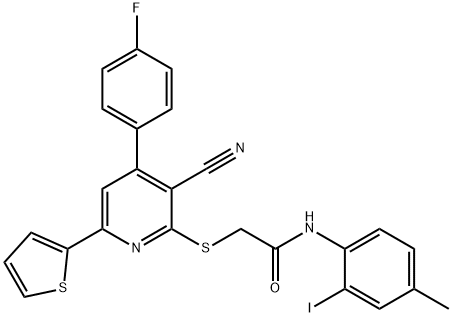 2-{[3-cyano-4-(4-fluorophenyl)-6-(2-thienyl)-2-pyridinyl]sulfanyl}-N-(2-iodo-4-methylphenyl)acetamide Struktur