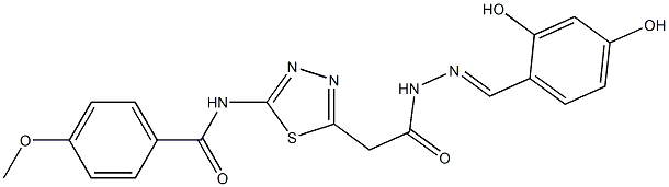 N-(5-{2-[2-(2,4-dihydroxybenzylidene)hydrazino]-2-oxoethyl}-1,3,4-thiadiazol-2-yl)-4-methoxybenzamide Struktur