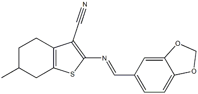 2-[(1,3-benzodioxol-5-ylmethylene)amino]-6-methyl-4,5,6,7-tetrahydro-1-benzothiophene-3-carbonitrile Struktur