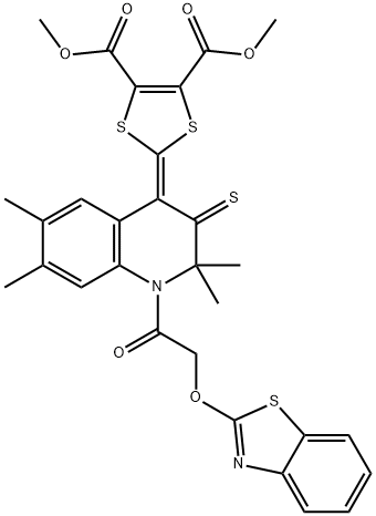 dimethyl 2-(1-[(1,3-benzothiazol-2-yloxy)acetyl]-2,2,6,7-tetramethyl-3-thioxo-2,3-dihydro-4(1H)-quinolinylidene)-1,3-dithiole-4,5-dicarboxylate Struktur