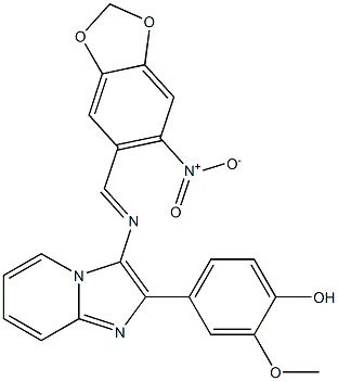 4-{3-[({6-nitro-1,3-benzodioxol-5-yl}methylene)amino]imidazo[1,2-a]pyridin-2-yl}-2-methoxyphenol Struktur