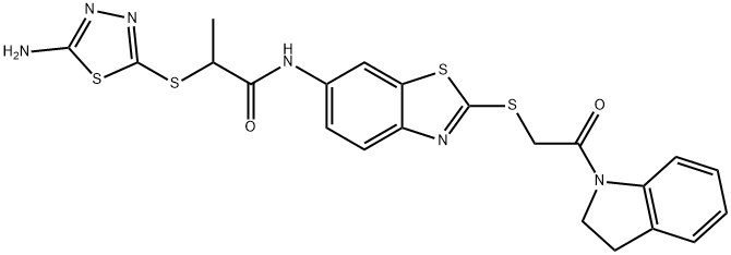 2-[(5-amino-1,3,4-thiadiazol-2-yl)sulfanyl]-N-(2-{[2-(2,3-dihydro-1H-indol-1-yl)-2-oxoethyl]sulfanyl}-1,3-benzothiazol-6-yl)propanamide Struktur