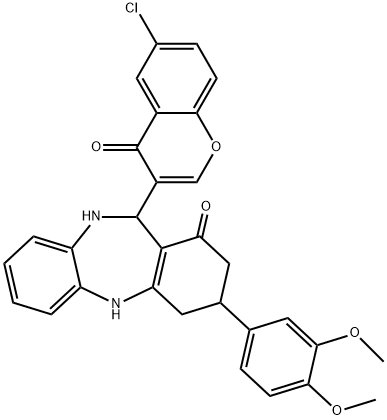 11-(6-chloro-4-oxo-4H-chromen-3-yl)-3-(3,4-dimethoxyphenyl)-2,3,4,5,10,11-hexahydro-1H-dibenzo[b,e][1,4]diazepin-1-one Struktur