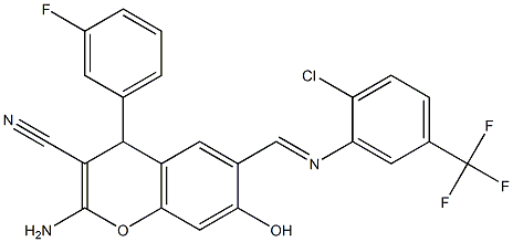 2-amino-6-({[2-chloro-5-(trifluoromethyl)phenyl]imino}methyl)-4-(3-fluorophenyl)-7-hydroxy-4H-chromene-3-carbonitrile Struktur