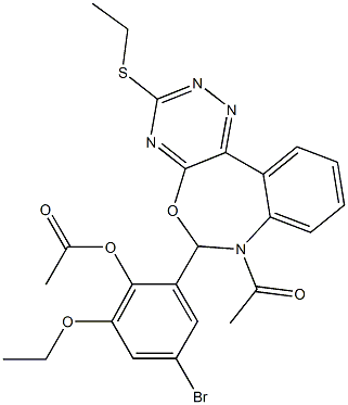 2-[7-acetyl-3-(ethylsulfanyl)-6,7-dihydro[1,2,4]triazino[5,6-d][3,1]benzoxazepin-6-yl]-4-bromo-6-ethoxyphenyl acetate Struktur