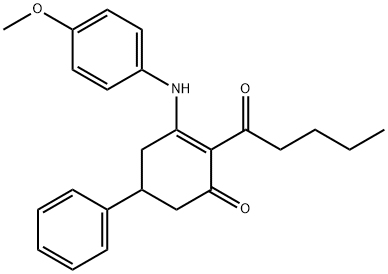 3-(4-methoxyanilino)-2-pentanoyl-5-phenyl-2-cyclohexen-1-one Struktur