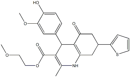 2-methoxyethyl 4-(4-hydroxy-3-methoxyphenyl)-2-methyl-5-oxo-7-(2-thienyl)-1,4,5,6,7,8-hexahydro-3-quinolinecarboxylate Struktur