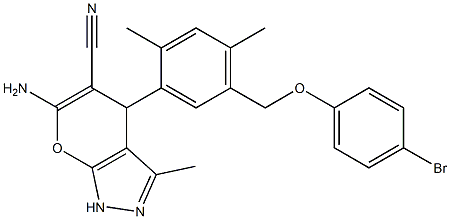 6-amino-4-{5-[(4-bromophenoxy)methyl]-2,4-dimethylphenyl}-3-methyl-1,4-dihydropyrano[2,3-c]pyrazole-5-carbonitrile Struktur