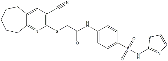 2-[(3-cyano-6,7,8,9-tetrahydro-5H-cyclohepta[b]pyridin-2-yl)sulfanyl]-N-{4-[(1,3-thiazol-2-ylamino)sulfonyl]phenyl}acetamide Struktur